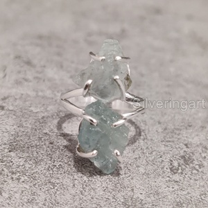 Exportation de bijoux en pierre brute bague pour femme aigue-marine naturelle pierre brute pierre de naissance de mars double pierre bague en argent sterling 925 - Product Image 4