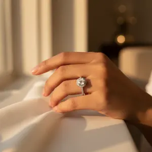 Women's <b>Silver</b> Halo Engagement <b>Ring</b> Romantic <b>Statement</b> Geometric Design with Oval Cut Diamond Look Made of Platinum - Product Image 3