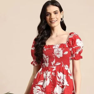 เดรสผ้าฝ้ายพิมพ์ลายแบบอินเดียใหม่เสื้อผ้าลำลองทันสมัยสำหรับฤดูร้อนสไตล์หวานรอบเอวธรรมชาติเป็นมิตรต่อสิ่งแวดล้อมวันวาเลนไทน์ - Product Image 1