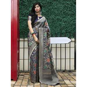 Sari en soie Banarasi bleu marine à fleurs séduisant avec blouse, robe de soirée festive - Product Image 4