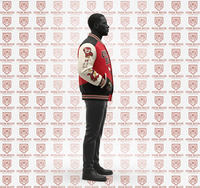 Chaqueta Varsity para Hombre de Chicago, Diseño con Parches Bordados Rojos y Blancos, Estilo Casual de Béisbol, Cuello Vuelto, Cierre de Botón Sencillo, Forro Fino de Piel