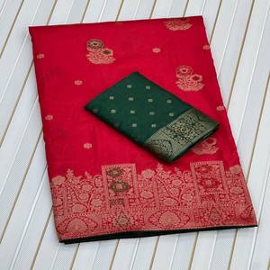 Sari de Seda Dola Pura de Lujo VASTRA COTTAGE con Bordado Meenakari Zari, Borde con Secuencia de Codificación y Blusa en Contraste - Product Image 5