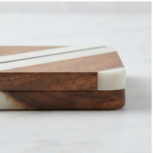 Modern Square Wood <b>Coasters</b> With White <b>Marble</b> Effect Resin Inlay Non-Slip Mats Set Of 4 - Product Image 2