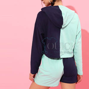 Para la venta en línea de la mejor calidad 100% algodón sólido Casual Tejido ligero mujeres sudaderas con capucha conjunto corto - Product Image 2