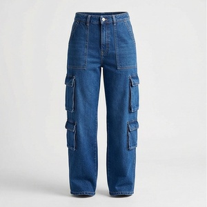 Custom Women Plus Size Straight <b>Wide</b> <b>Leg</b> Denim <b>Cargo</b> Pant Autumn Winter Multi Pocket Stacked Style Washed Premium Trendy Wear - Product Image 1