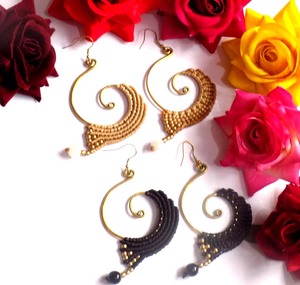 <b>Green</b> Jade Hoop <b>Earrings</b> Brass Gold Plated Macrame Thread Boho Traditional Statement <b>Earrings</b> for Women - Product Image 2