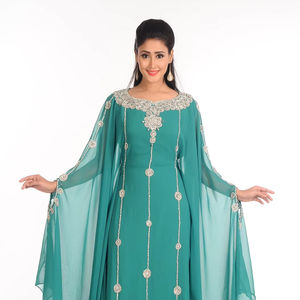 Green Zari Work Stones & Beads Embellish Georgette Estilo islámico Arabian Maxi Partywear Kaftan - Product Image 1