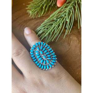 Mike Dishta Handmade Boho <b>Statement</b> <b>Ring</b> Zuni Turquoise & Sterling <b>Silver</b> Cluster Marquise Shape Size 5.5 Everyday Wear - Product Image 2