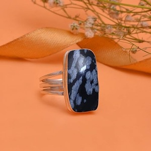 Luxueux 925 Sterling Silver Girls' Gemstone Ring Handmade Princess Cut Snowflake Obsidian for WeddingStamped Jewelry - Product Image 3