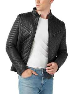 Chaqueta de cuero negro ajustada personalizada para hombre con cuello levantado, cortavientos acolchado para uso informal en motocicleta y uso al aire libre - Product Image 3