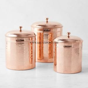 Trabajo martillado Cobre Pulido Cocina Buenos contenedores de almacenamiento Juego de 3 Forma redonda Diferentes tamaños Metálicos Cocina Tin Macetas - Product Image 1