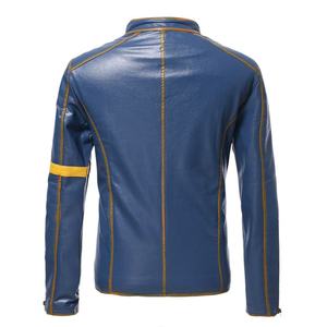 Chaqueta de Cuero Genuino para Hombre, Estilo Motero, Color Azul, Cuello Alto, Cierre de Cremallera, Corte Regular, para Otoño - Product Image 4