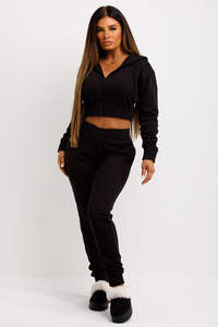 AASTANA WEARS INC Custom <b>Black</b> <b>Women's</b> 2-Piece Fleece Tracksuit Set <b>Zip</b> Front Cropped <b>Hoodie</b> Sweatpants Quick Dry Breathable - Product Image 4