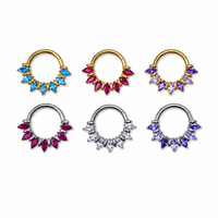 Anneau clicker segmenté articulé en titane ASTM F136 plaqué or 18K, 16G, avec zircon cubique taille marquise, pour piercing de septum et cartilage nasal