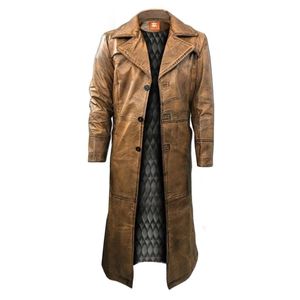 Veste en cuir d'agneau respirante, à séchage rapide, épaisse, pour l'hiver. C'est un trench-coat en cuir marron vieilli. - Product Image 1
