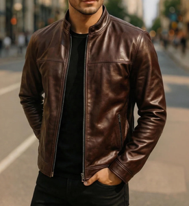 Veste moto en cuir véritable rouge pour homme, col montant, fermeture éclair, coupe classique, pour l'automne - Product Image 2