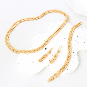 Joyería de Cobre al por Mayor NYH, Juego de <span class=keywords><strong>3</strong></span> Piezas, Chapado en Oro, Cadena con Hojas de Oro Estilo Dubai, Pulsera, Collar y Pendientes Colgantes para Mujer - Product Image 3