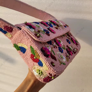 beaded rose <b>pink</b> floral shoulder bag Indian fully handcrafted handmade <b>clutch</b> purse for women evening party wedding handbag - Product Image 5