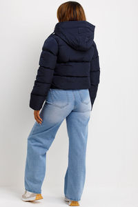 New Custom Design <b>Navy</b> OEM <b>Women's</b> <b>Puffer</b> Cropped Hooded <b>Jacket</b> Full Drawstring Zip And Bubble <b>Jacket</b> <b>Women's</b> Winter Down <b>Jacket</b> - Product Image 3
