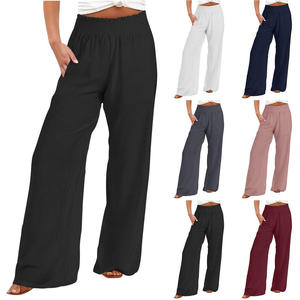 Pantalones de pierna ancha holgados para mujer con logotipo personalizado, cintura alta elástica, tejido de otoño, informal, para entrenamiento de yoga y exteriores, traje sólido de último diseño - Product Image 1