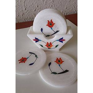 White Marble Coaster Semi Precious Stones Floral Inlay Handmade Work Marble Pattern Coasters Absorbent Stone Coaster - Product Image 5