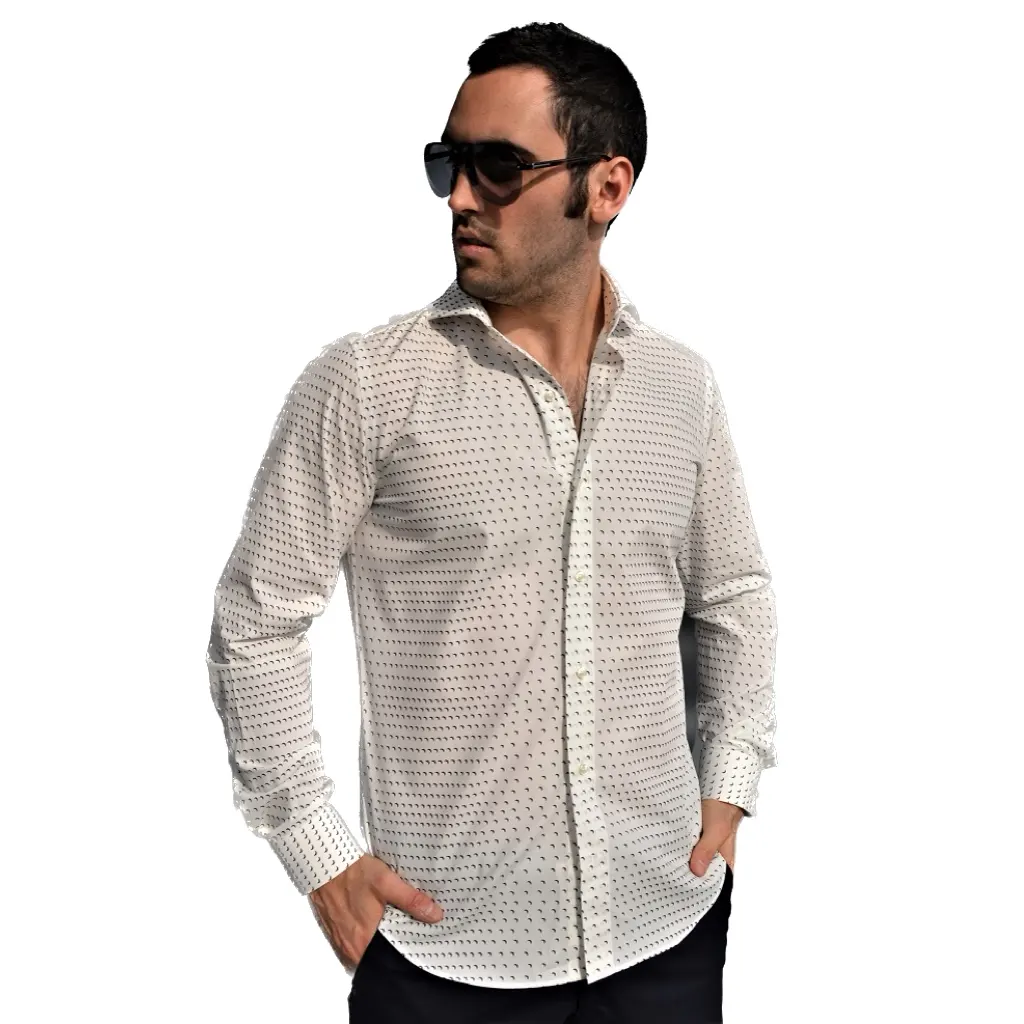 Men shirt in 100% cotton digital printed micro geometrical pattern following the Made in Italy tradition export