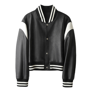 Chaqueta Corta de Cuero para Mujer, Estilo Universitario, Chaqueta Bomber de Cuero Auténtico - Product Image 1