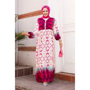 Fuchsia Water Patterned <b>Viscose</b> <b>Hijab</b> Modest Dress - Product Image 1
