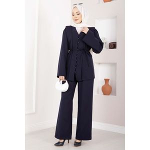 Conjunto de Traje de Dos Piezas Estilo Británico Azul Marino para Mujer con Cinturón Abotonado - Product Image 1