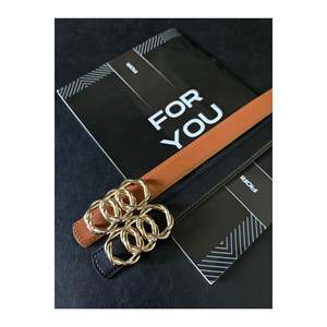 Set of 2 Genuine <b>Domed</b> Leather Combined <b>Ring</b> Buckle Women's Trouser Belt, Jacket Belt, Dress Belt - Black-Tan - Product Image 3