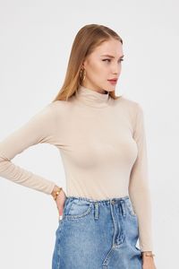 Women's Beige Turtleneck <b>Long</b> <b>Sleeve</b> Knitted Bodycon <b>Top</b> Slim Fit Solid Color Minimalist Style All Seasons Wear - Product Image 4