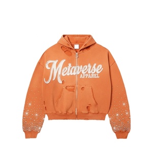 Sweat à capuche zippé 100% coton pour hommes, style streetwear, broderie en détresse anti-boulochage, mode d'automne pour le marché américain - Product Image 1