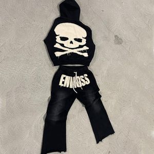 Custom Flared Sweatpants and Hoodie <b>Set</b> 500GSM Oversized <b>Embroidery</b> Stacked Sweatsuit Baggy Fleece Acid Washed Tracksuits - Product Image 3