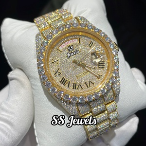 Montre automatique de luxe unisexe, sertie de diamants, fabriquée à la main, en acier inoxydable, 41 mm, haute qualité, diamants VVS, plaqué or jaune, glacée, hip-hop - Product Image 1
