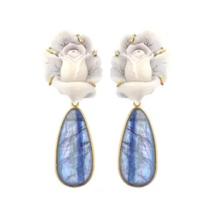 EARRINGS CAMEO SARDONYX MM 25/30 HAND-ENGRAVED IN GOLD-PLATED 925 SILVER BLUE LACE DROP MM 30 SETTING WITH PIN AND CLIPS