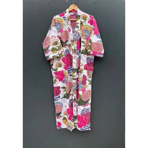 Robe kimono en coton biologique bohème à imprimé floral, peignoir tissé - Product Image 1