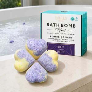 Coffret Cadeau de Bombes de Bain Cœur Violet 4 Pièces avec Huile de Pépins de Raisin, Sel Marin, Vitamine E – Bombes de Bain Effervescentes Hydratantes pour Soins de la Peau - Product Image 1