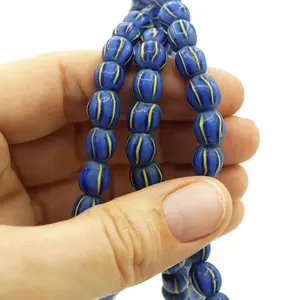 Antique African Tribal Trade <b>Beads</b> Blue Melon Striped Pattern Handcrafted <b>Crystal</b> Lampwork Glass <b>Beads</b> for Jewelry - Product Image 3