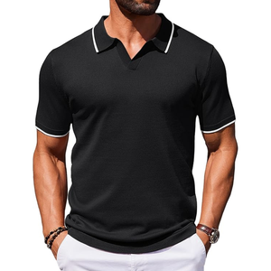 Chemise classique noire pour homme en coton tricoté respirant à manches courtes, anti-plis, avec découpe et bordure blanche unie - Product Image 1