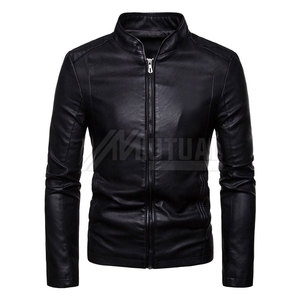 Chaqueta de motorista de cuero genuino para hombre con cuello alto y bolsillos para montar y uso informal Colocación del logotipo frontal - Product Image 1