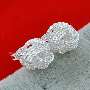 925 Sterling Silver Plated Mesh Love Twist Knot Ball Stud Earrings For Women Wedding Party Gift Accessories Fashion Jewelry OEM