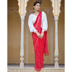 Sari Ligero con Adornos Rojo Rosa para Mujer, Estilo Leheriya, para Fiestas - Product Image 6