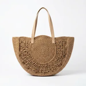Sac à bandoulière en paille tressée fait main, sac fourre-tout en rotin avec poignées en cuir, idéal pour l'été, la plage et les voyages pour femmes - Product Image 5