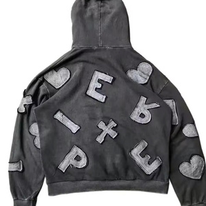 Vente en gros de sweats à capuche personnalisés oversize en molleton coton/polyester, zippés, unis, pour l'hiver, avec effet vieilli, patchs, appliqués, broderies, logo et effet délavé soleil - Product Image 4