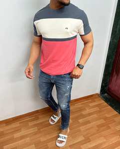 เสื้อยืดแขนสั้นผู้ชายผ้าฝ้าย100% ออกแบบลายทางแนวนอนสำหรับฤดูร้อน - Product Image 1