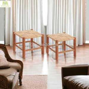 Taburete otomano pequeño de madera con consola de incrustaciones de hueso de mimbre de algodón macramé para cocina o bebés/Material de tela para niños - Product Image 3