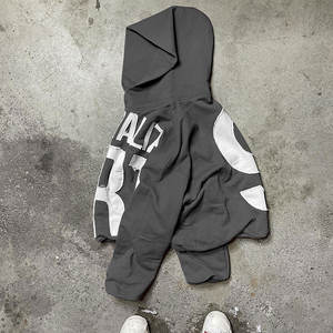 Custom logo Winter Streetwear 100% Cotton Raw Hem Distressed Embroidery Patch Pullover Patchwork No <b>Strings</b> Cut Sew Cropped - Product Image 2