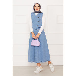 Conjunto de Dos Piezas de Mezclilla Azul Claro Asimétrico: Chaleco y Falda, Top Corto Vintage de Manga Larga con Botones, Lavable, Estilo Urbano para Fiesta - Product Image 3