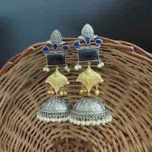 Pendientes Jhumka de dos tonos de plata SHANAYA de alta calidad, joyería más vendida directa del proveedor indio - Product Image 1