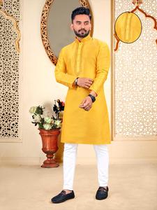 Designer Latest Kurta Round Neck Collar Embroidery Work <b>Mens</b> Kurta <b>Pajama</b> Set Wholesale <b>Cheap</b> Rate Surat - Product Image 6